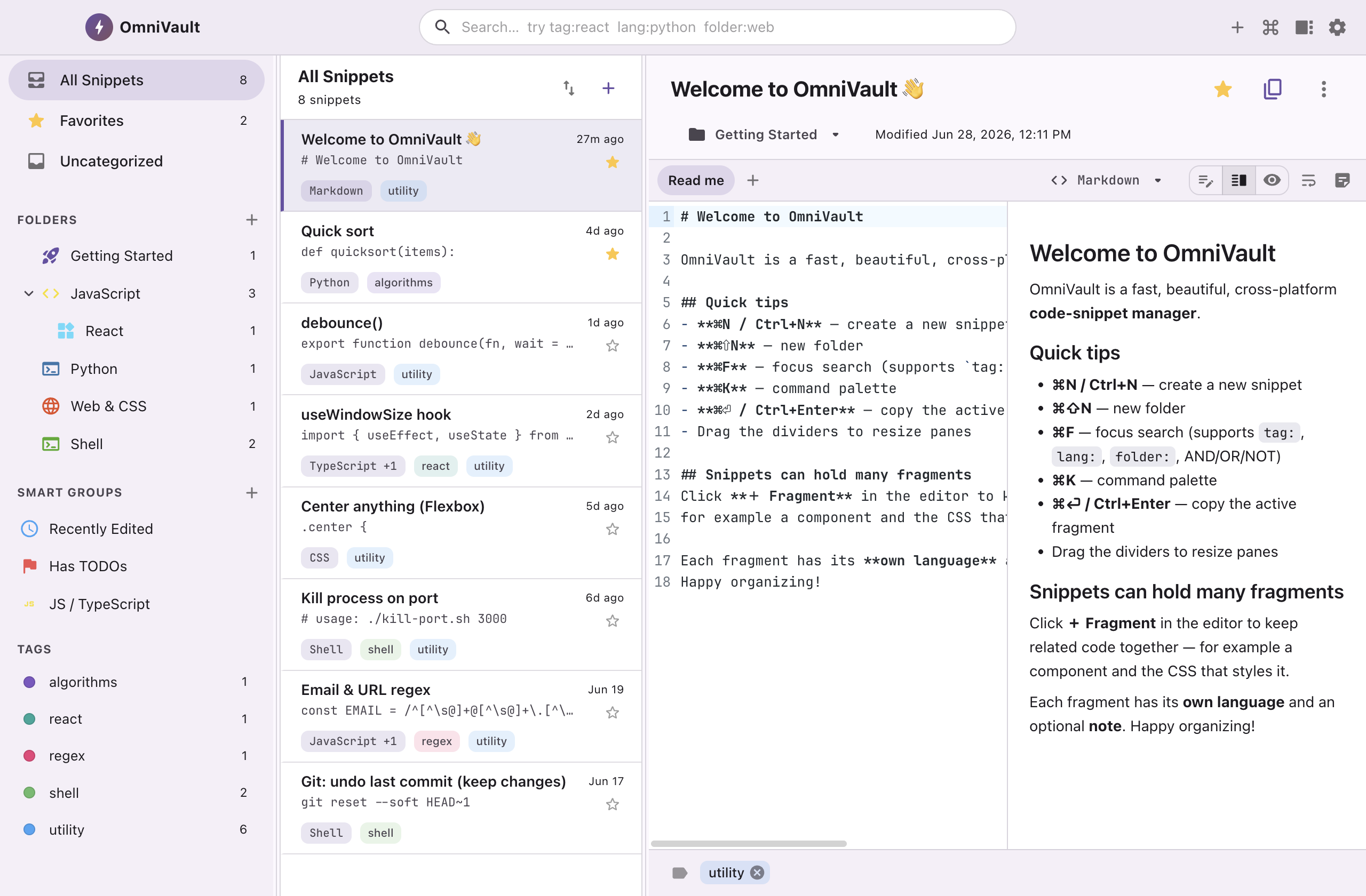 OmniVault's three-pane workspace: a library sidebar with folders and tags, a list of code snippets, and a Markdown editor with live preview.