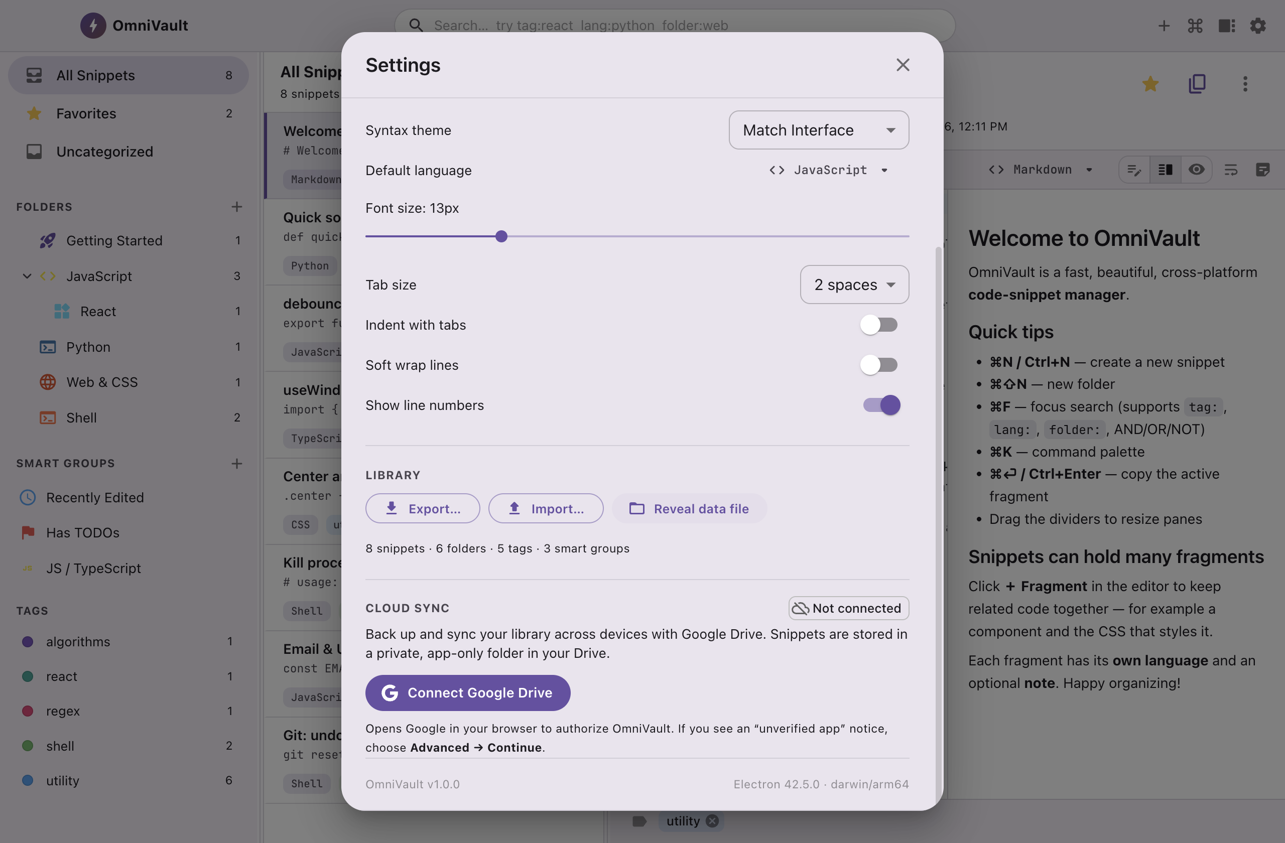 OmniVault's Cloud Sync settings panel, showing a one-click Connect Google Drive button and library export/import options.
